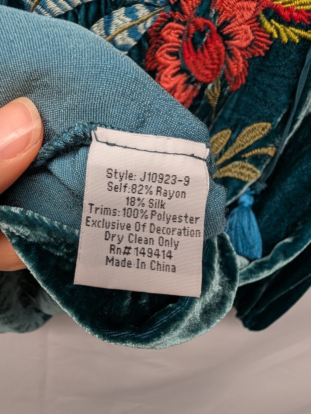 Johnny Was Isabella Silk Teal Velvet Embroidered Peasant Tunic Size XS NWOT - Picture 7 of 9